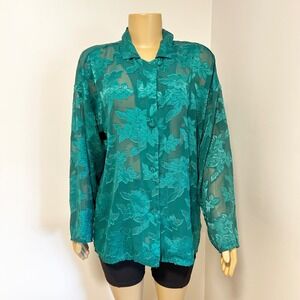 Vintage Victoria's Secret Teal Green Floral Embroidered Sheer Blouse Medium